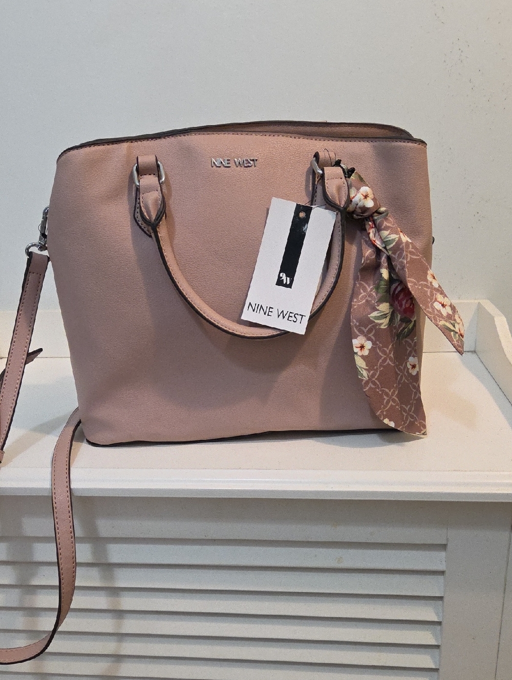 Nine West Blush Pink Satchel with Floral Scarf Accent